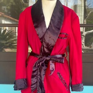 3 pocket vintage smoking jacket robe, red corduroy